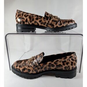 Guess Leopard Print Lug Sole Loafers Gold Chain Charms Womens 6.5M